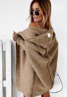 Dlouhý oversize kardigan s kapucí s vlnou Montevista hnědý