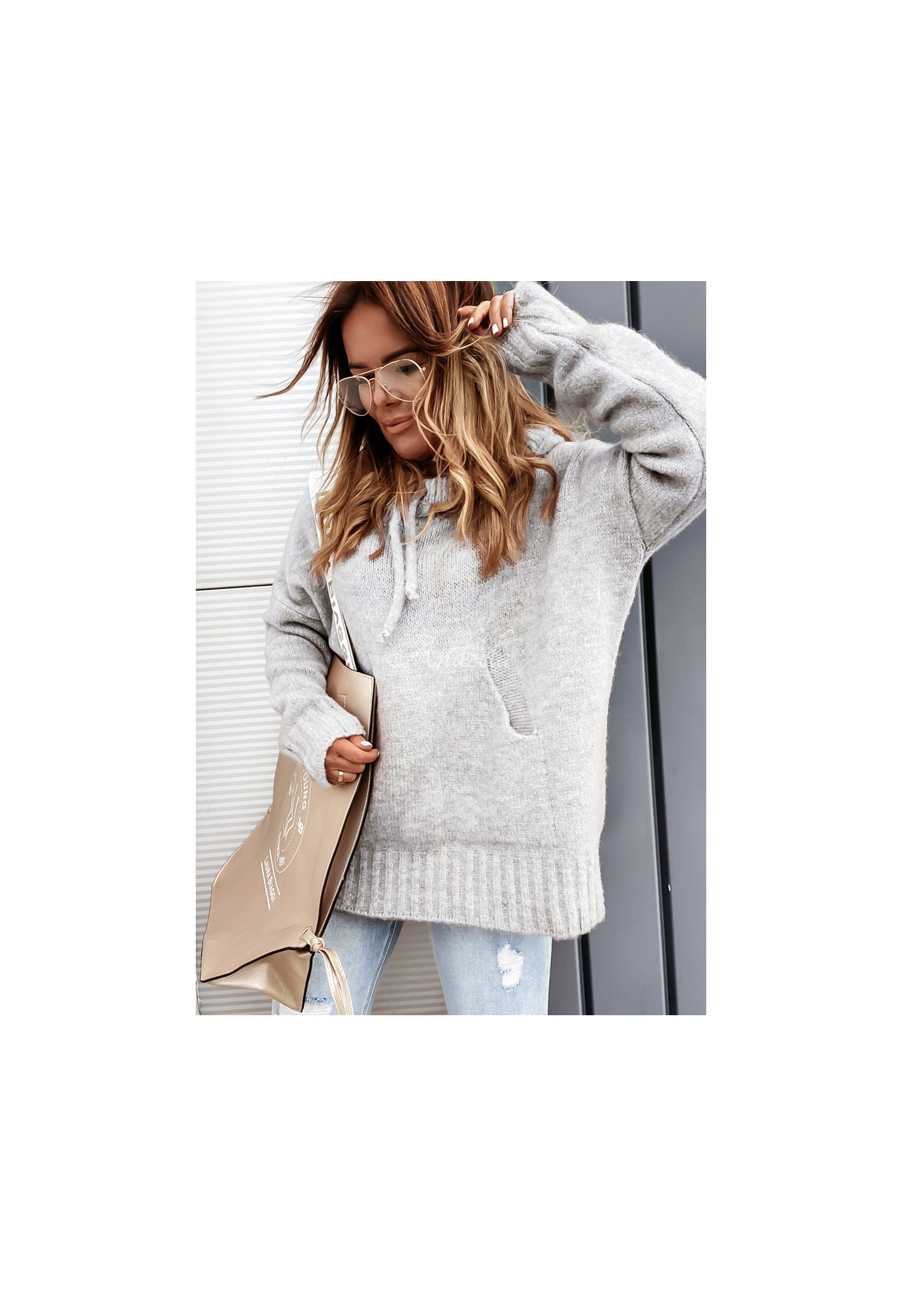 Svetr oversize s kapucí Carra Šedá