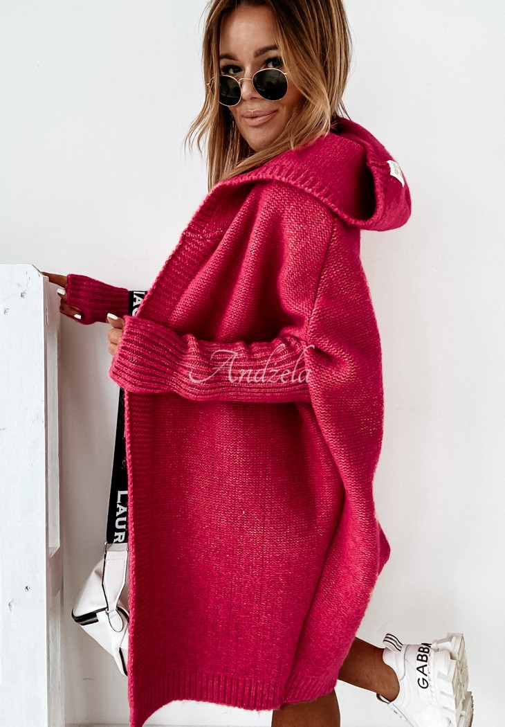 Dlouhý oversize kardigan s kapucí s vlnou Montevista fuchsiový