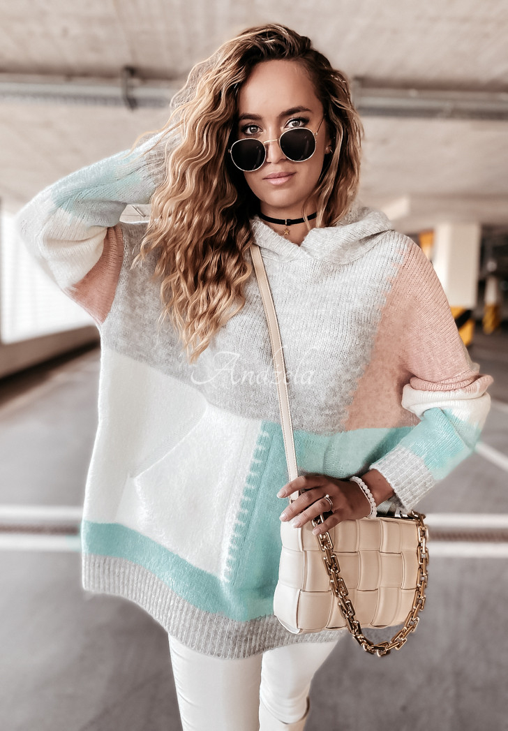 Sweter oversize z kapturem i wełną Hamilton miętowo-różowy