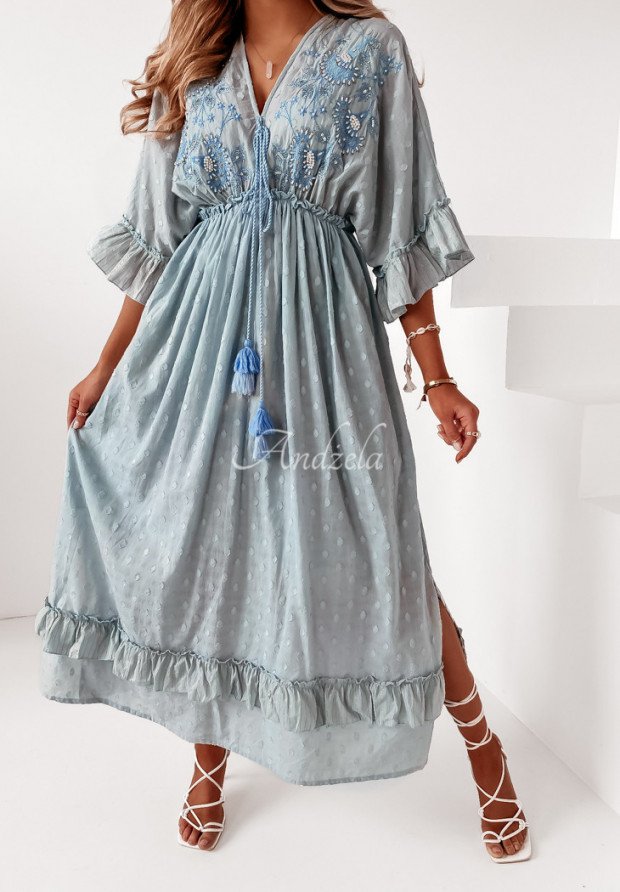 Vyšívané šaty boho Keyuri blankytná