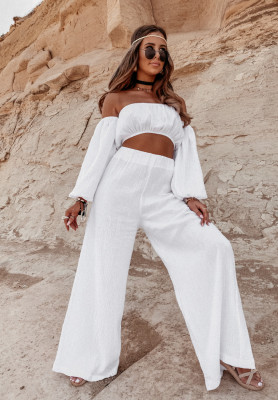 Mušelínové kalhoty wide leg Malta Bílé