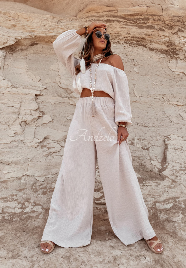 Mušelínové kalhoty wide leg Malta béžové