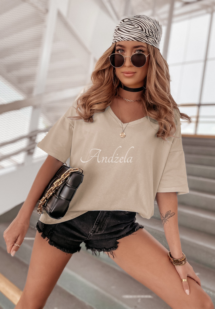 Bawełniany T-shirt oversize z dekoltem w serek Cascade beżowy