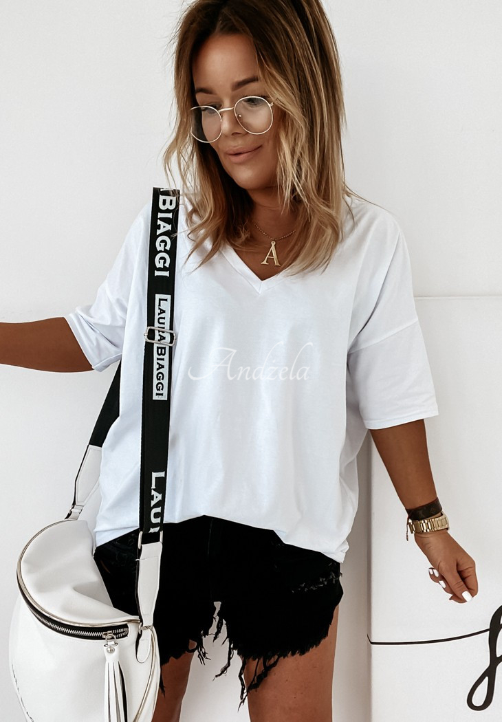 Bawełniany T-shirt oversize z dekoltem w serek Cascade biały