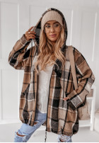 Mikina oversize w kratę s kapucí Peabody velbloudí