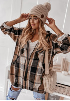 Mikina oversize w kratę s kapucí Peabody velbloudí