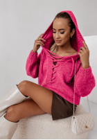 Svetr oversize ze sznurowaniem i kapturem Laossi neonová růžová