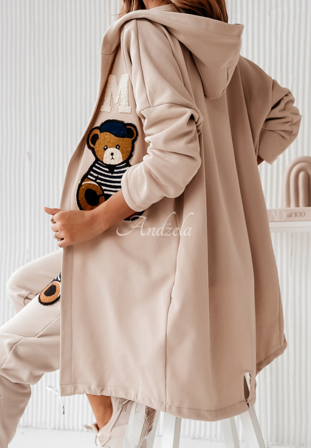 Dlouhá mikina s kapucí a nášivkami Mr Bear béžová