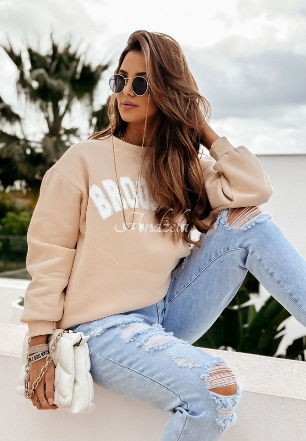 Mikina oversize s potiskem Brooklyn béžová