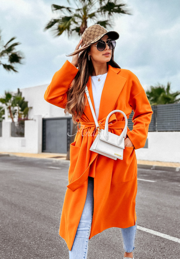 Dlouhý kabát oversize s páskem Less Is More oranžový