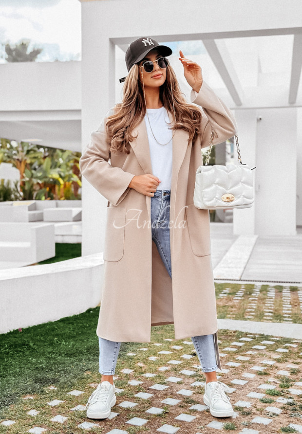 Dlouhý kabát oversize s páskem Less Is More béžový