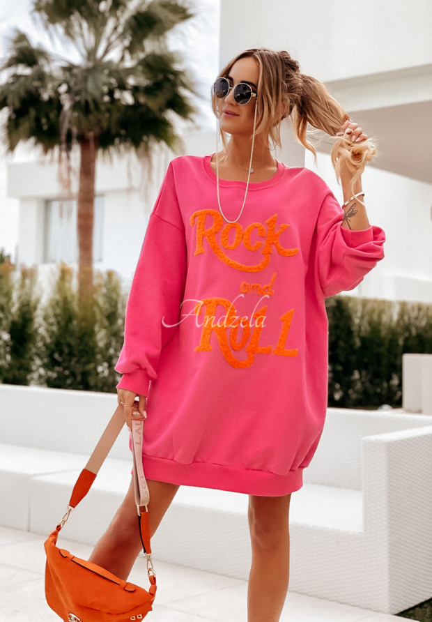 Mikina oversize s nápisem Rock And Roll fuchsiová