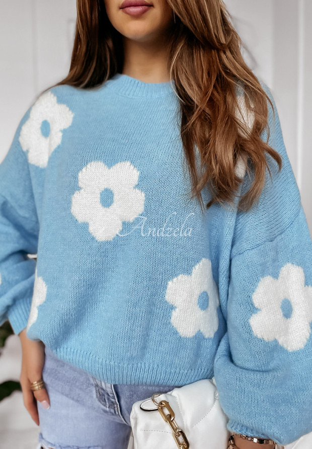 Svetr oversize květovaný Lady Flora modro-bílý