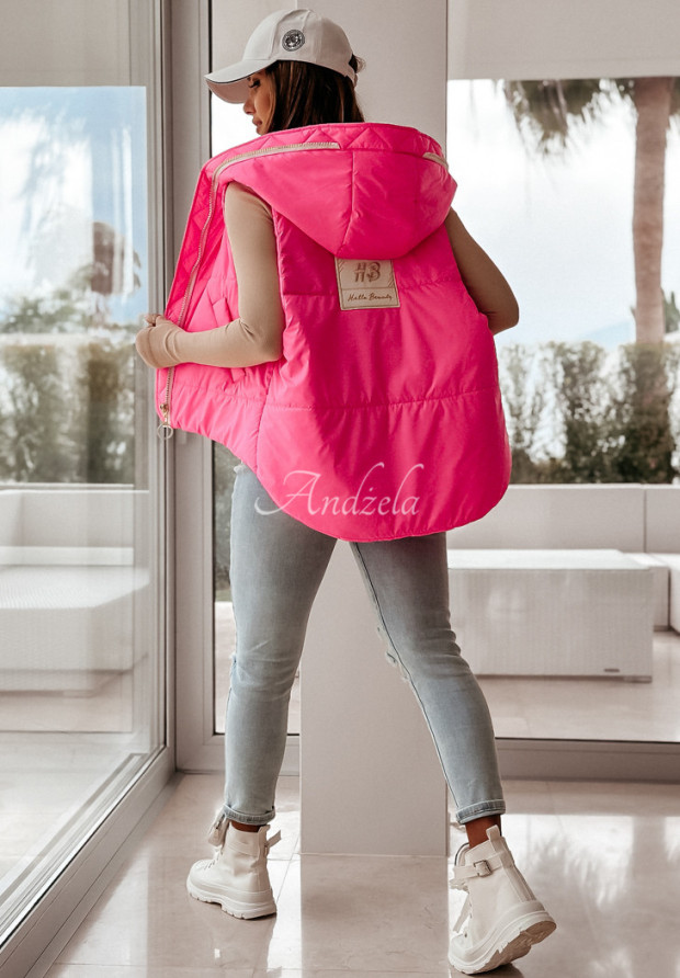 Prošívaná vesta s kapucí Hi Pretty neonová růžová