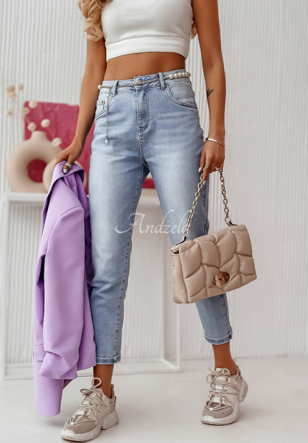 Dříny mom fit s páskem Pearl Club světle modré