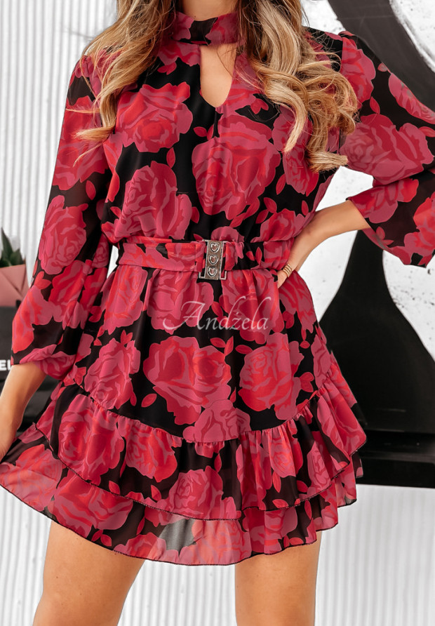 Šaty s volánky květované Roses Only Černo-růžová
