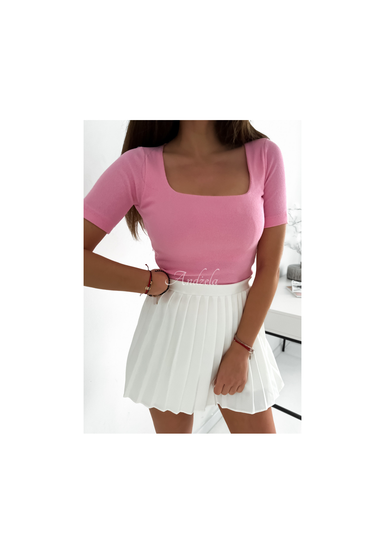 Vroubkovaná halenka s hranatým výstřihem Trust Yourself růžová