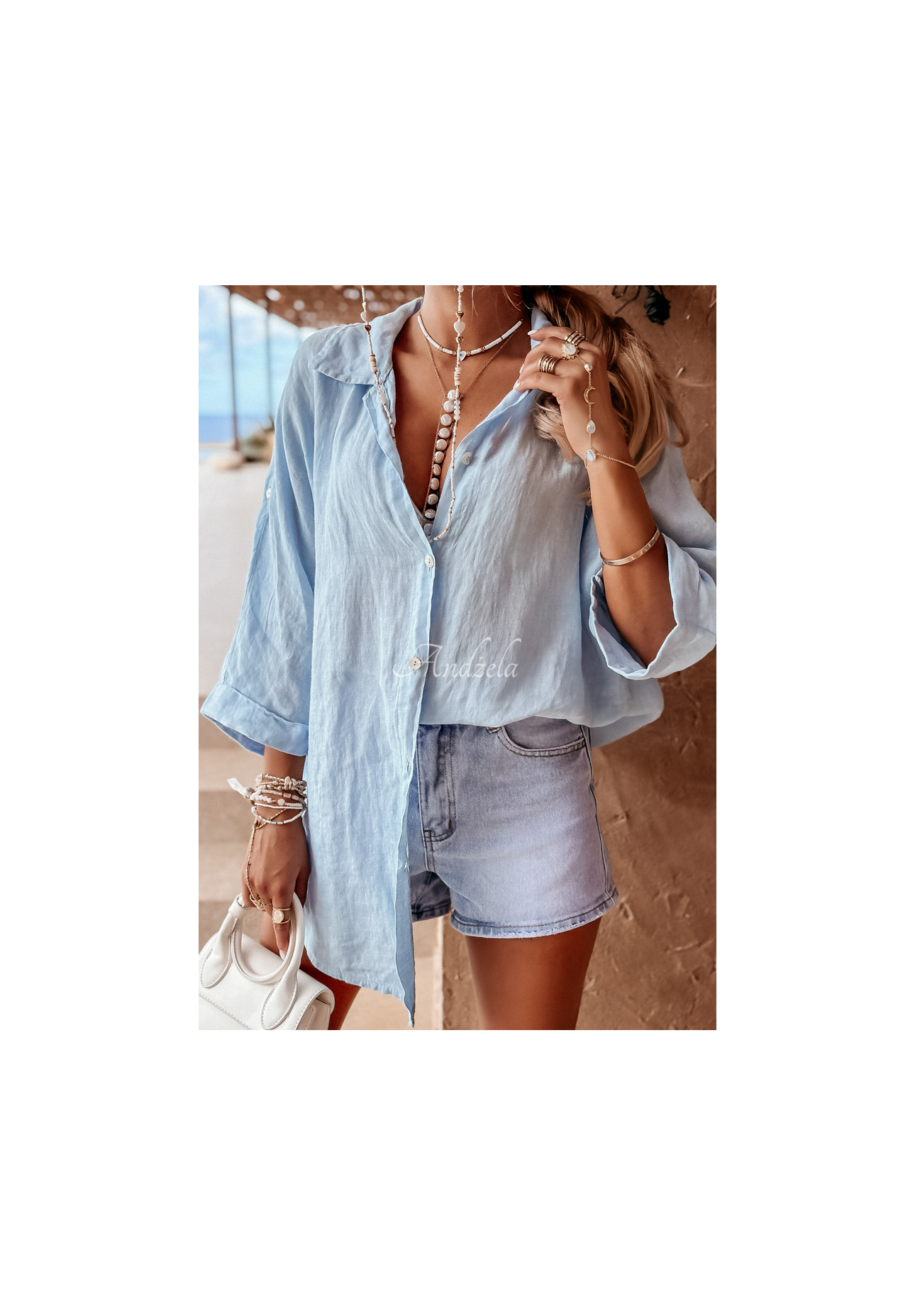 Lněná košile Summery Essentials blankytná