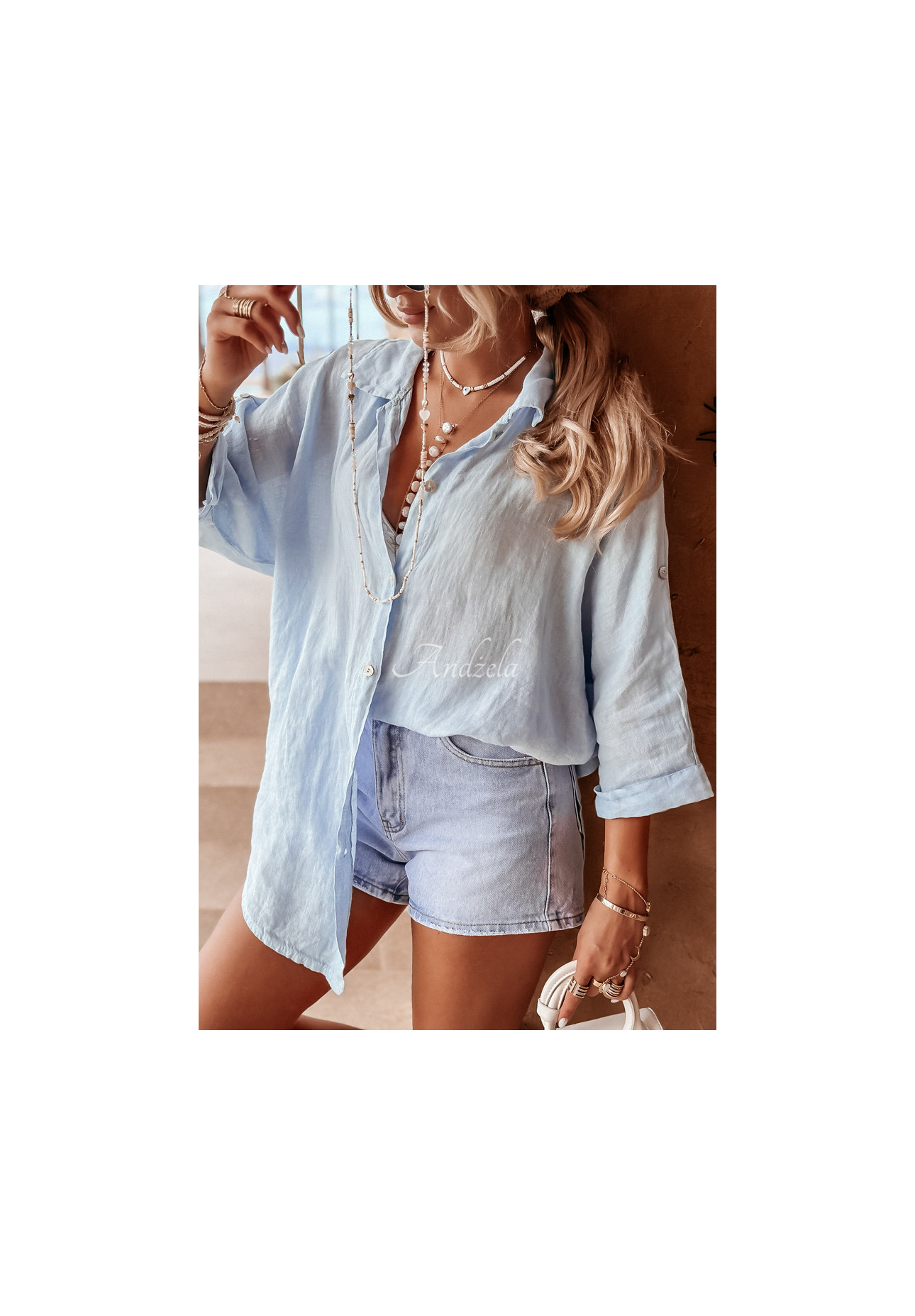 Lněná košile Summery Essentials blankytná