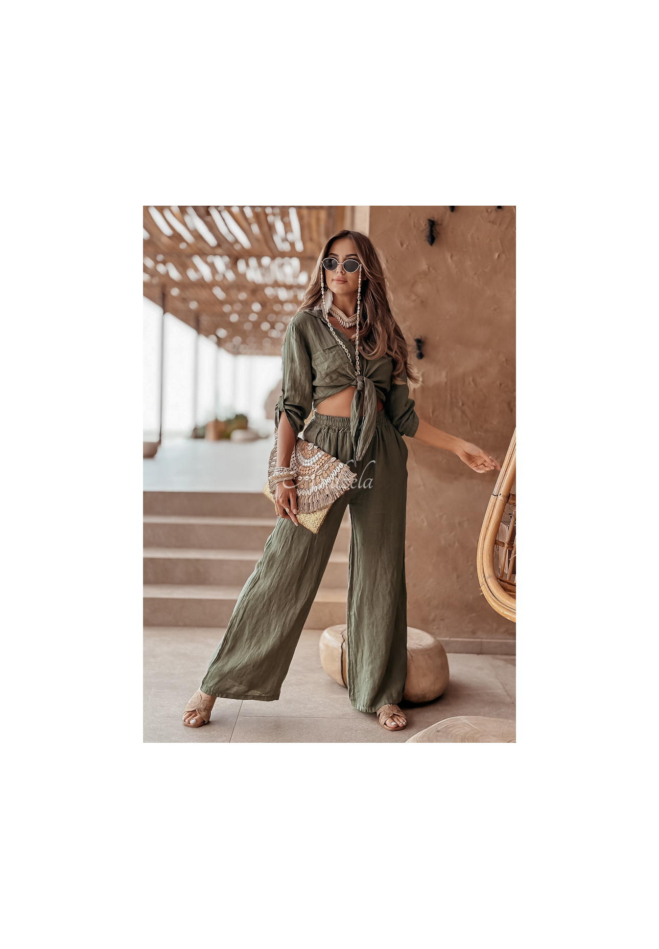 Lněné kalhoty Summery Essentials khaki