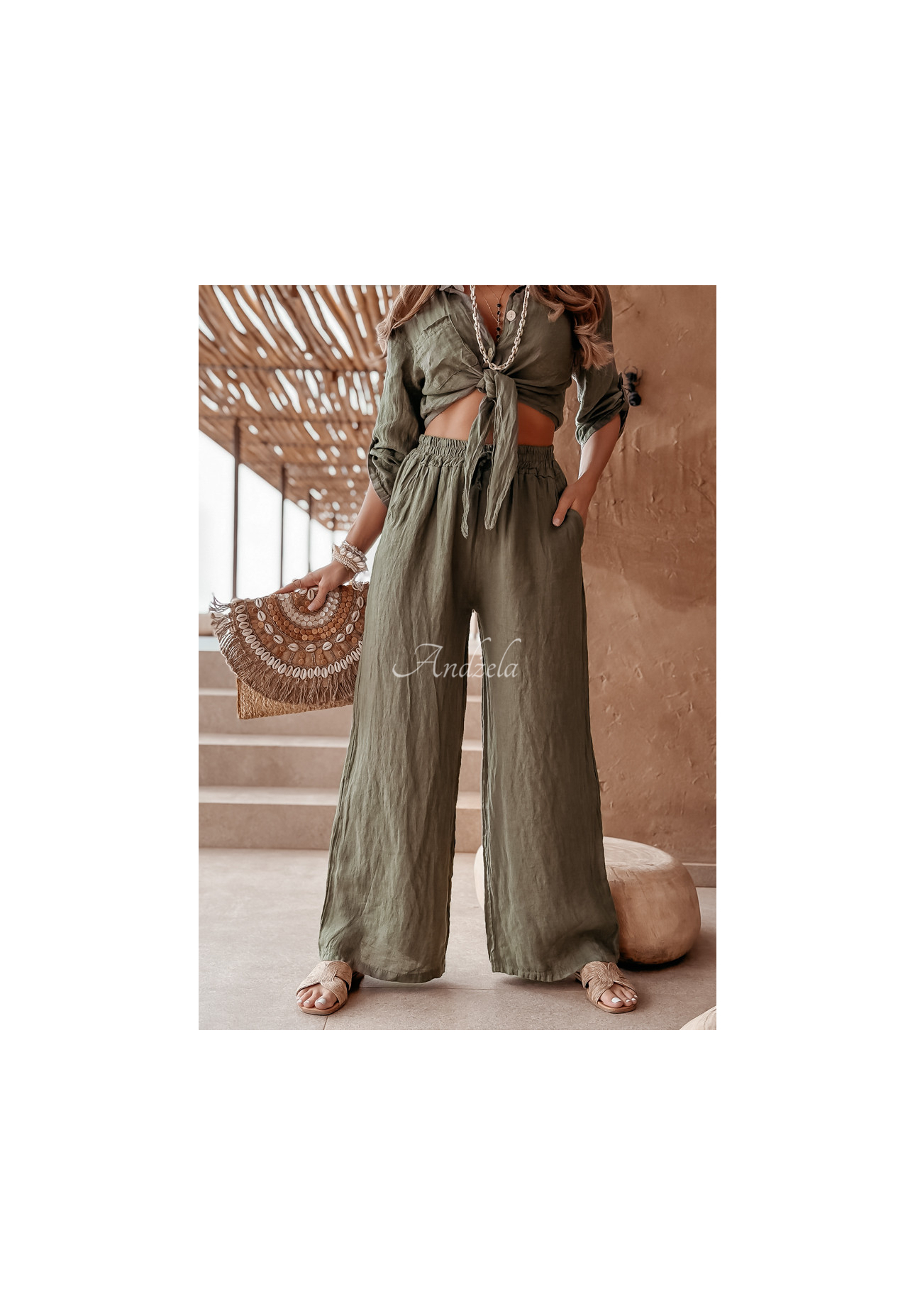 Lněné kalhoty Summery Essentials khaki