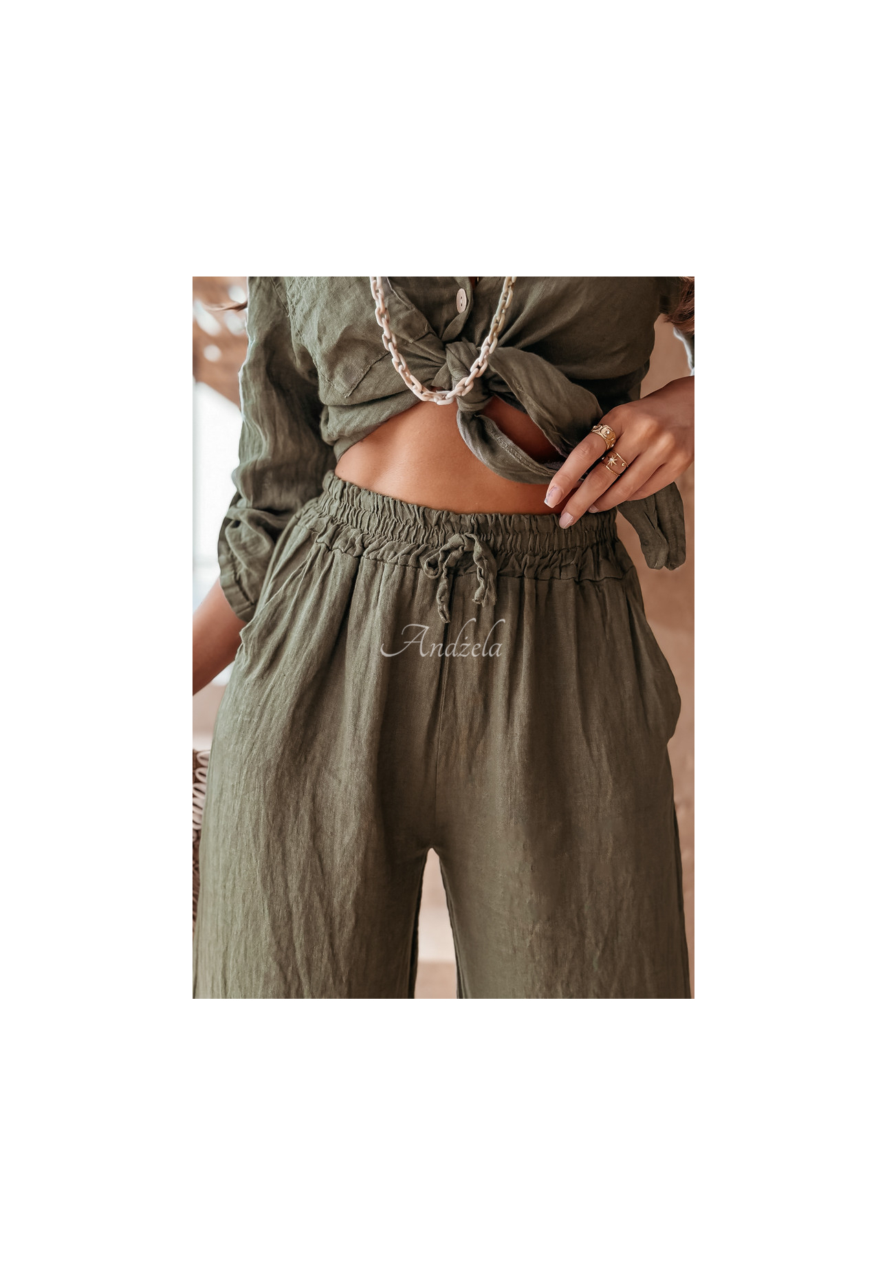 Lněné kalhoty Summery Essentials khaki