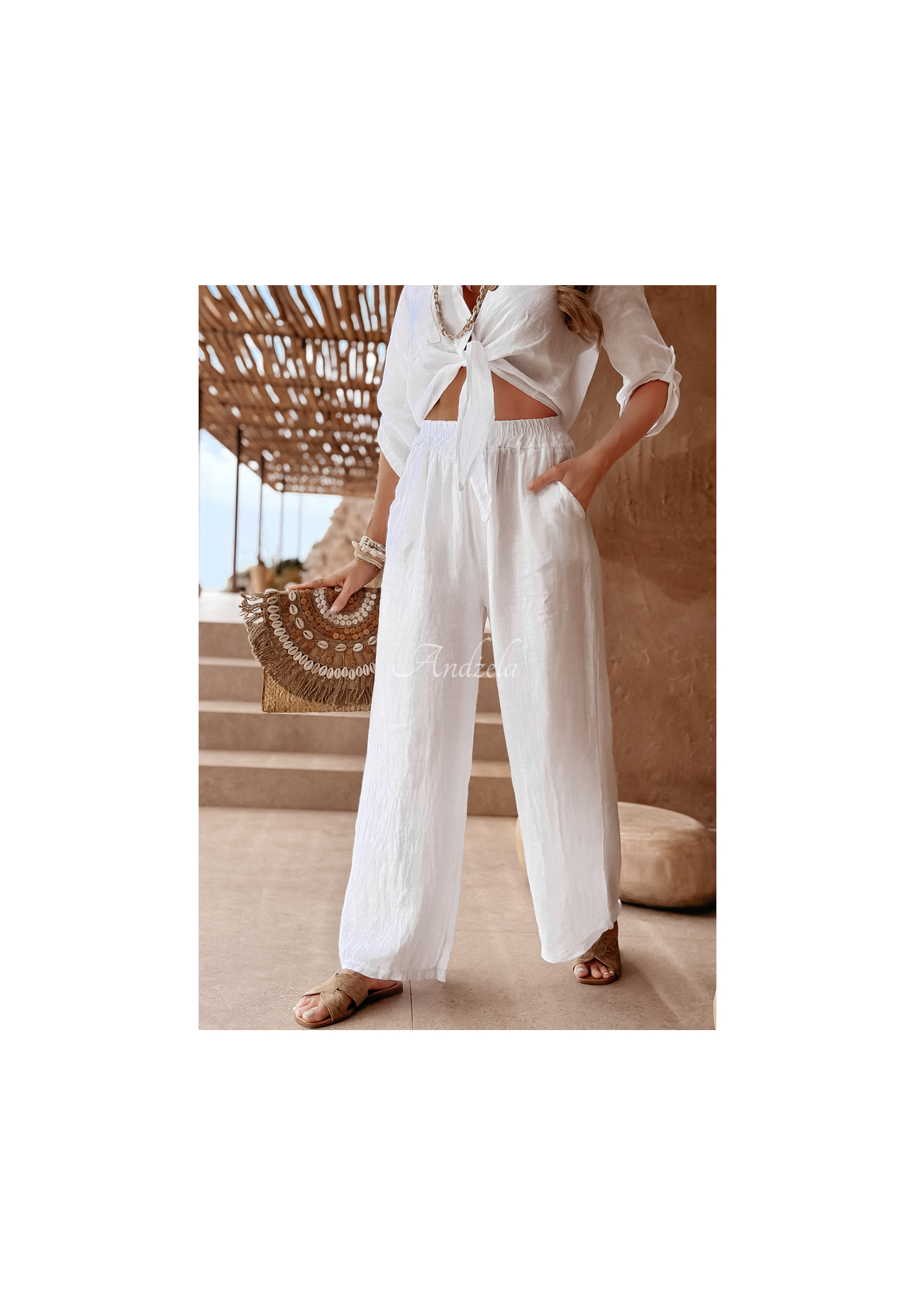 Lněné kalhoty Summery Essentials ecru