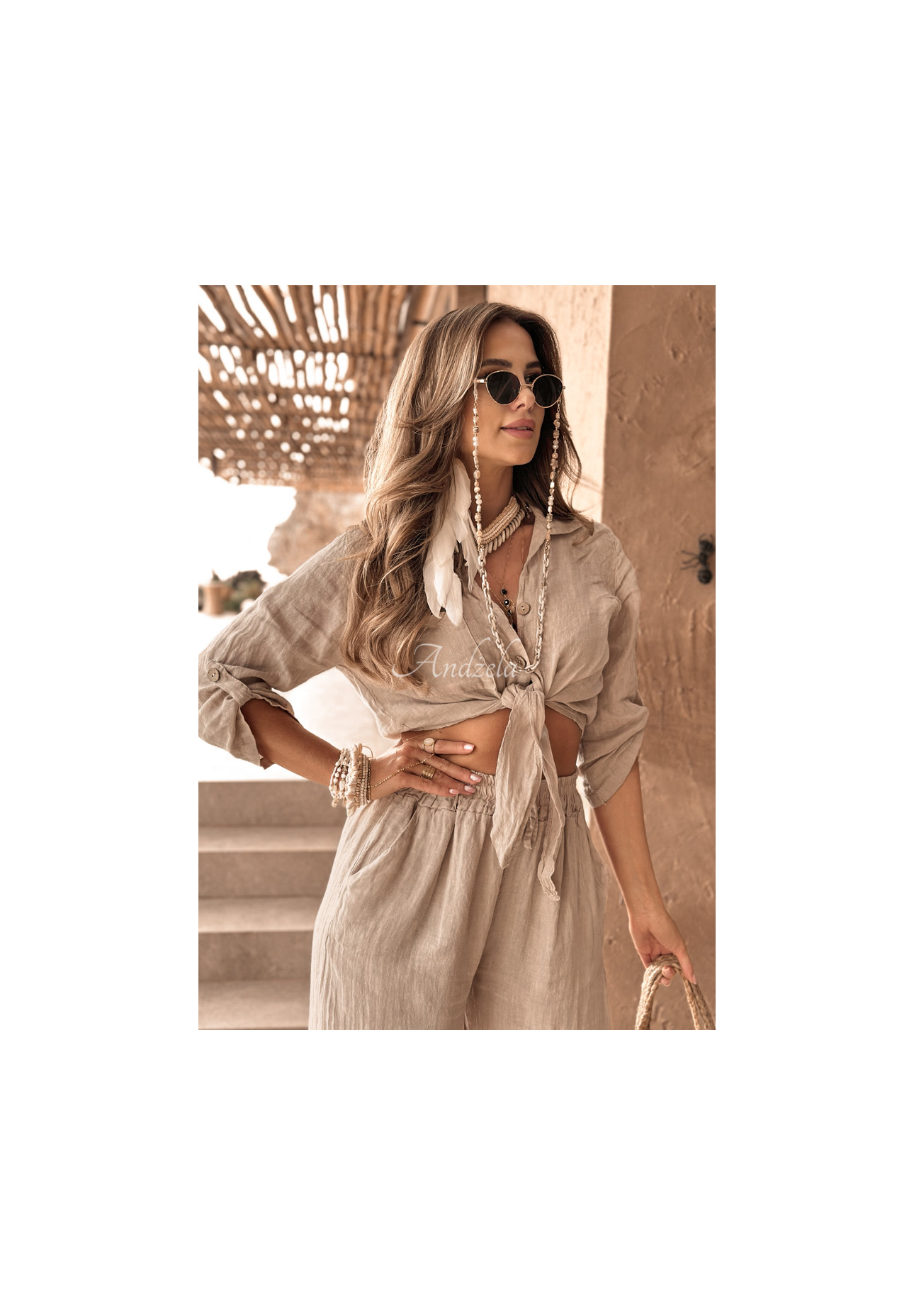 Lněné kalhoty Summery Essentials béžové