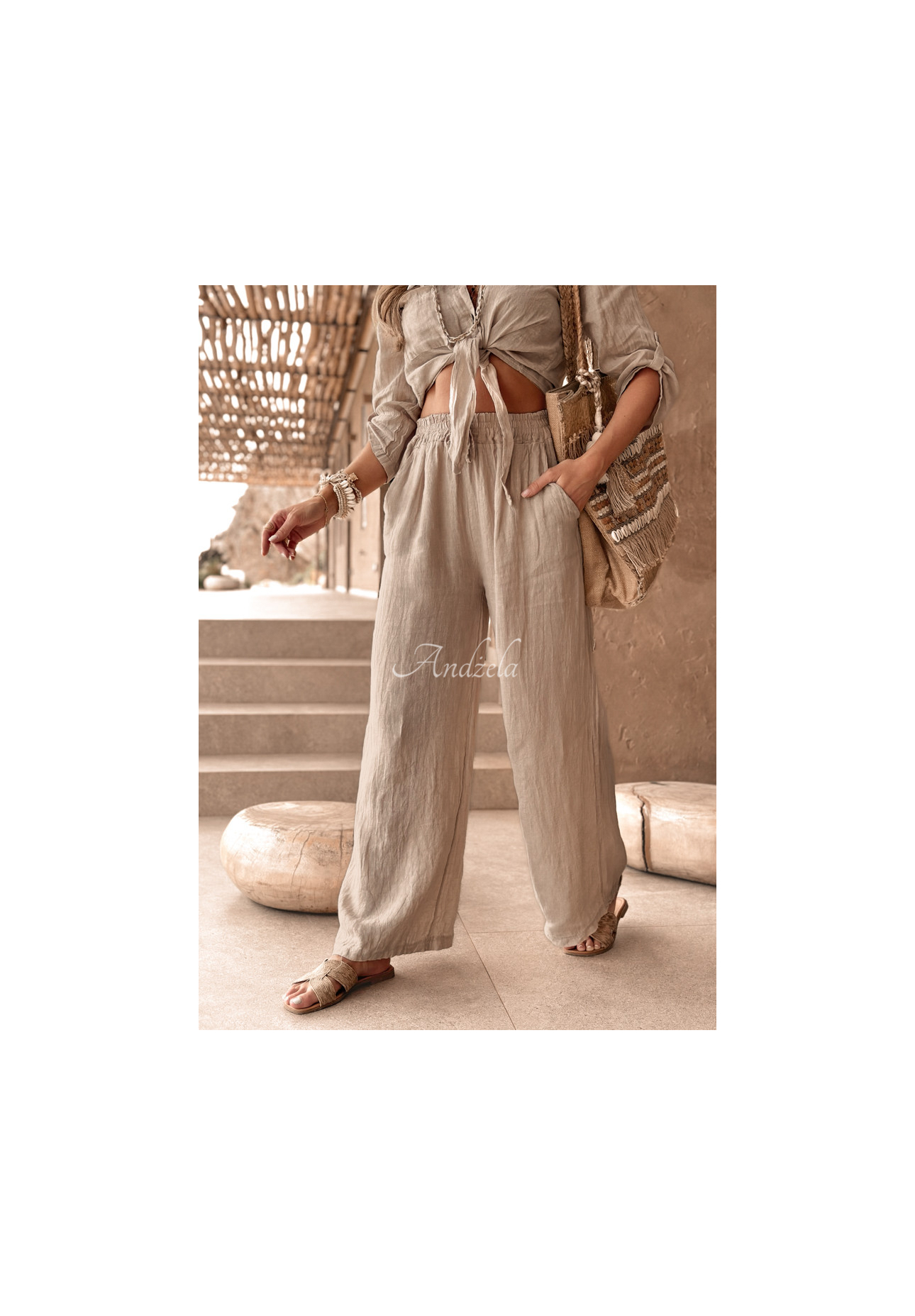 Lněné kalhoty Summery Essentials béžové