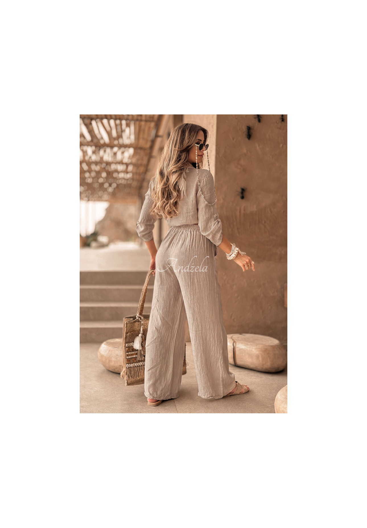 Lněné kalhoty Summery Essentials béžové