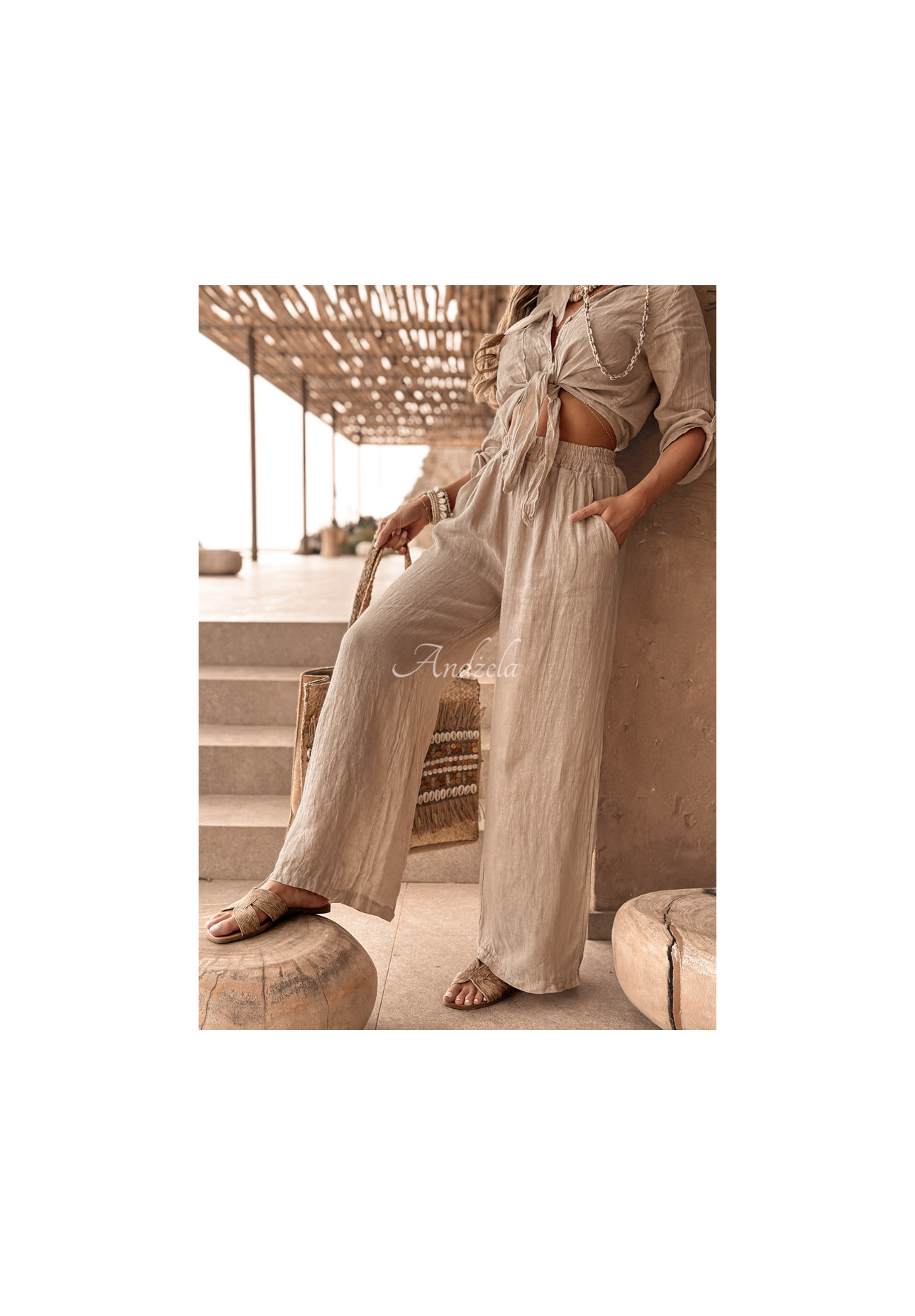 Lněné kalhoty Summery Essentials béžové