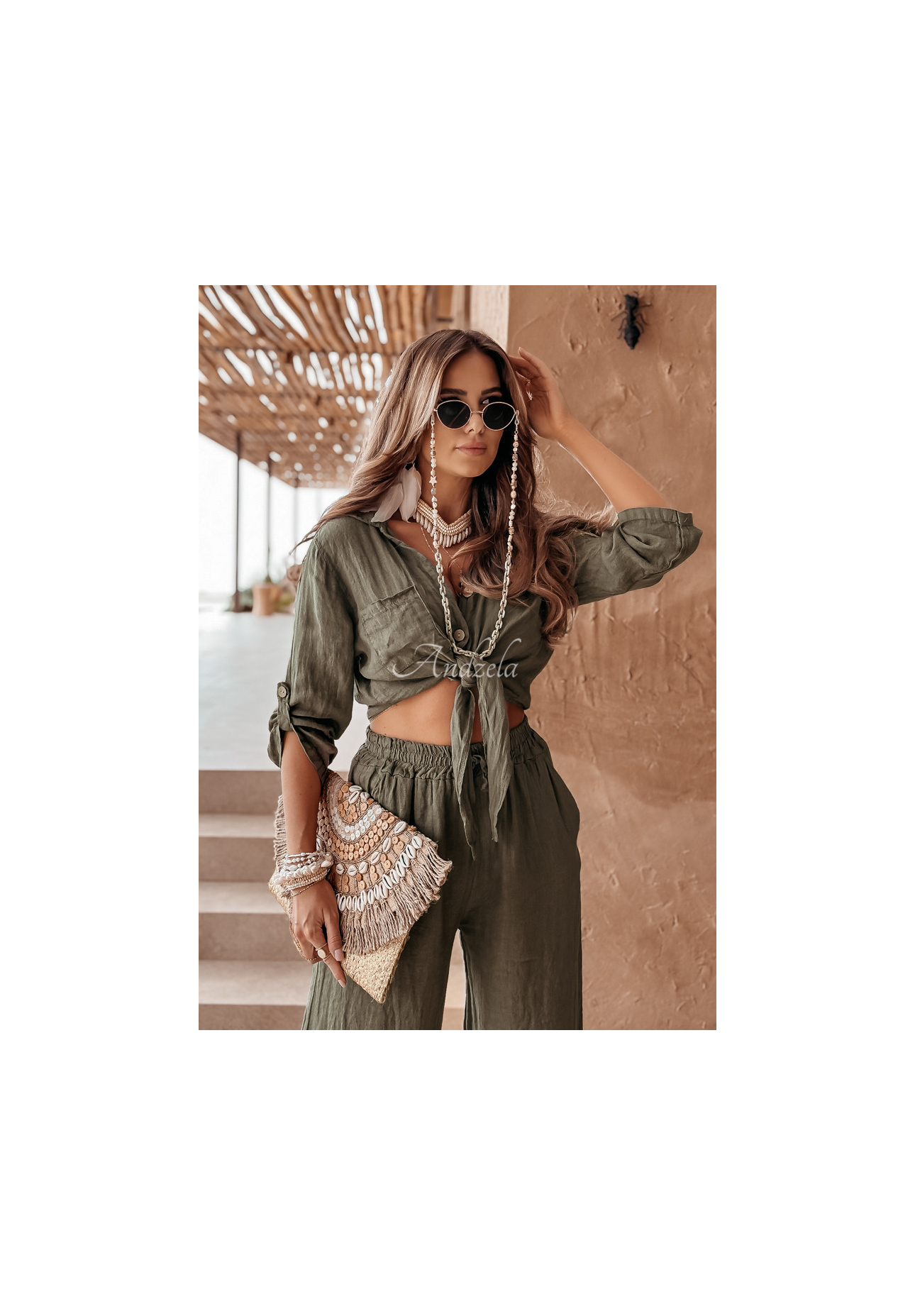 Krátká lněná košile s vázáním Summery Essentials khaki