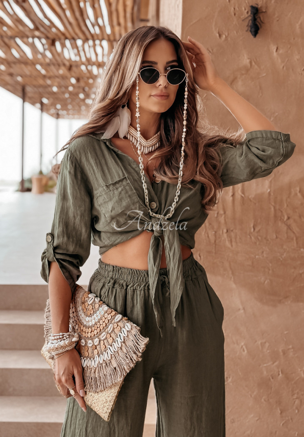 Kr&aacute;tk&aacute; lněn&aacute; ko&scaron;ile s v&aacute;z&aacute;n&iacute;m Summery Essentials khaki