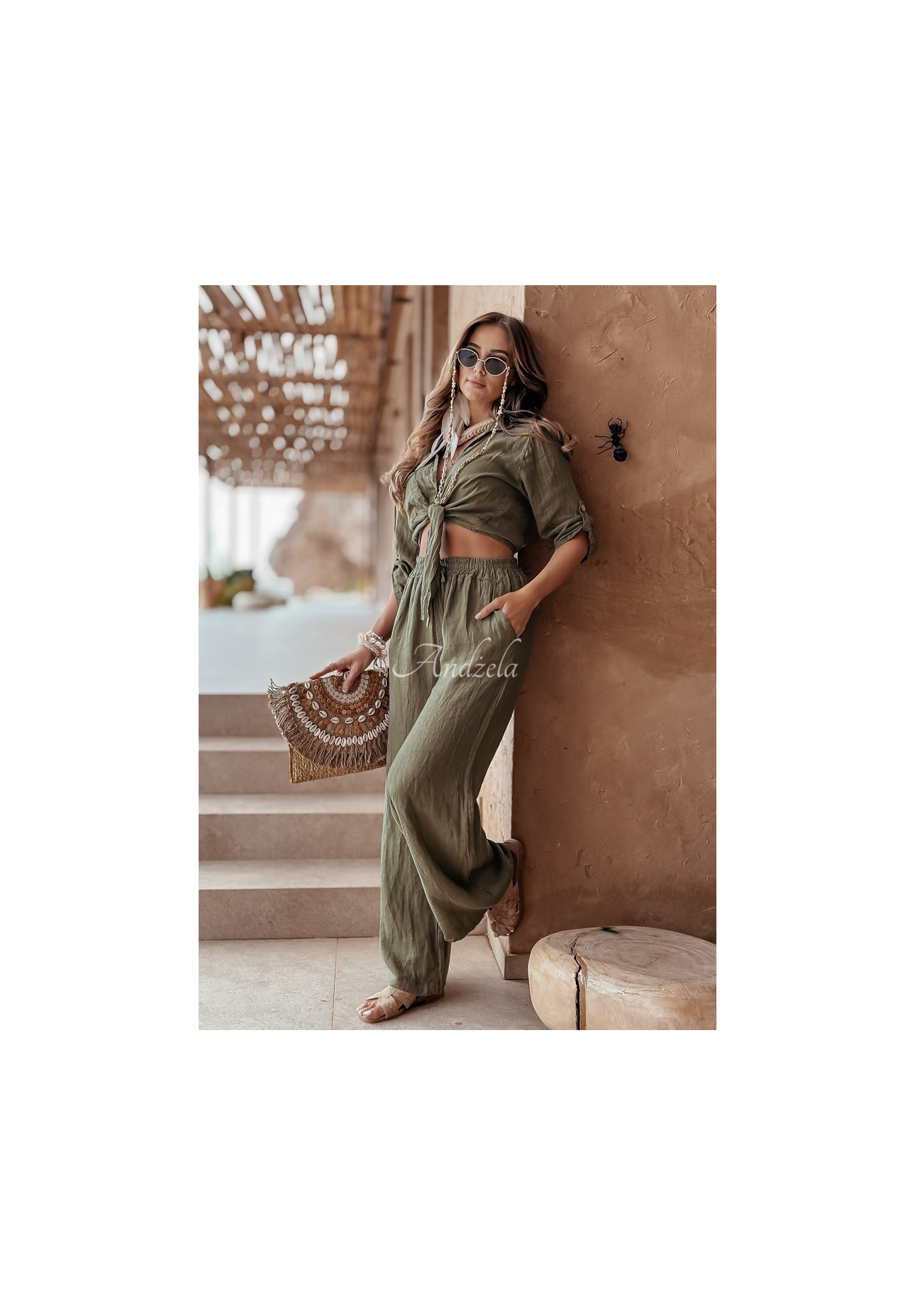 Krátká lněná košile s vázáním Summery Essentials khaki