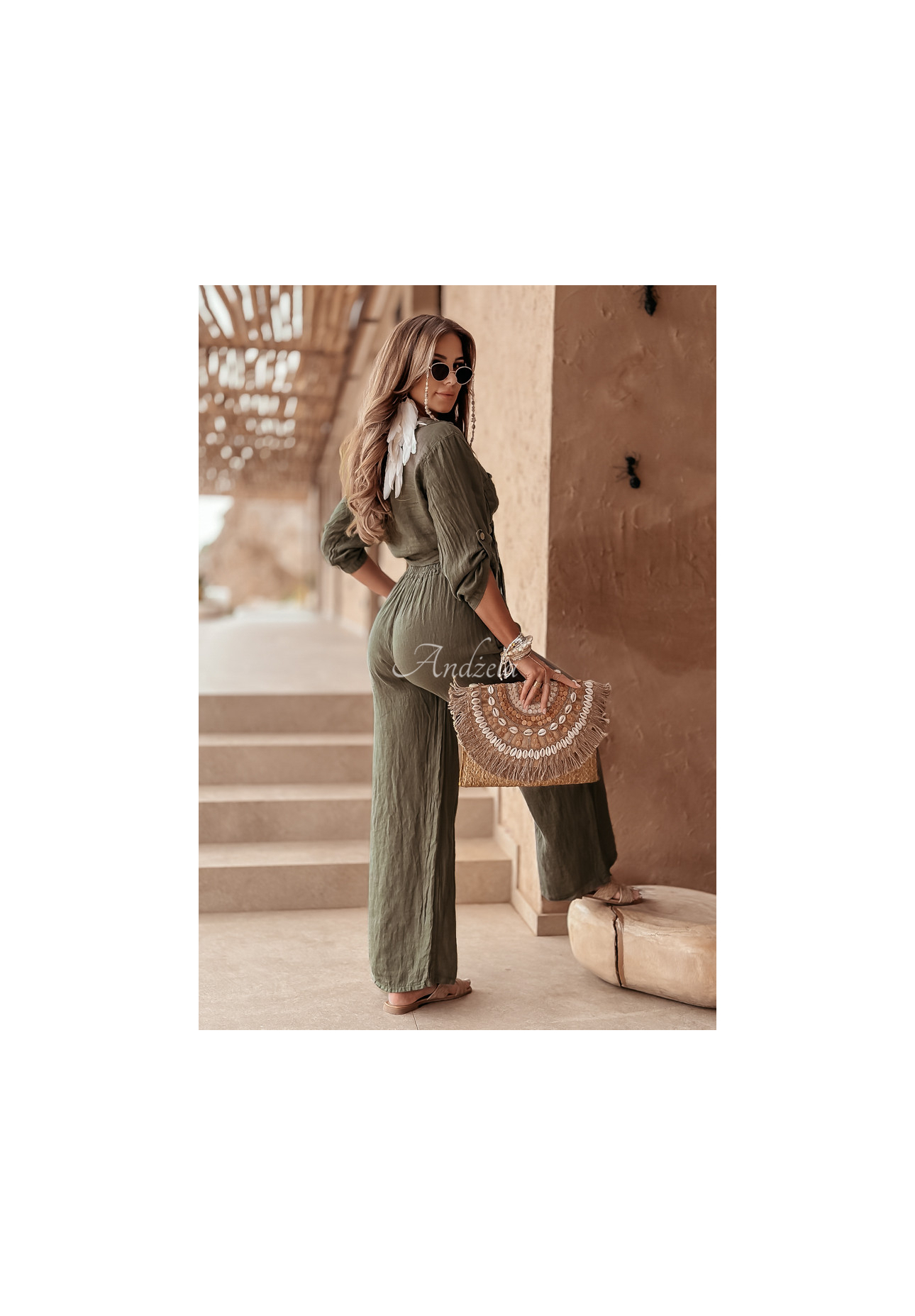 Krátká lněná košile s vázáním Summery Essentials khaki