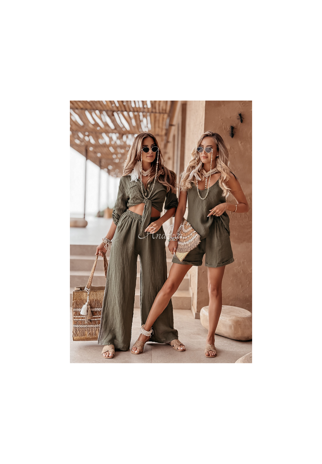 Krátká lněná košile s vázáním Summery Essentials khaki