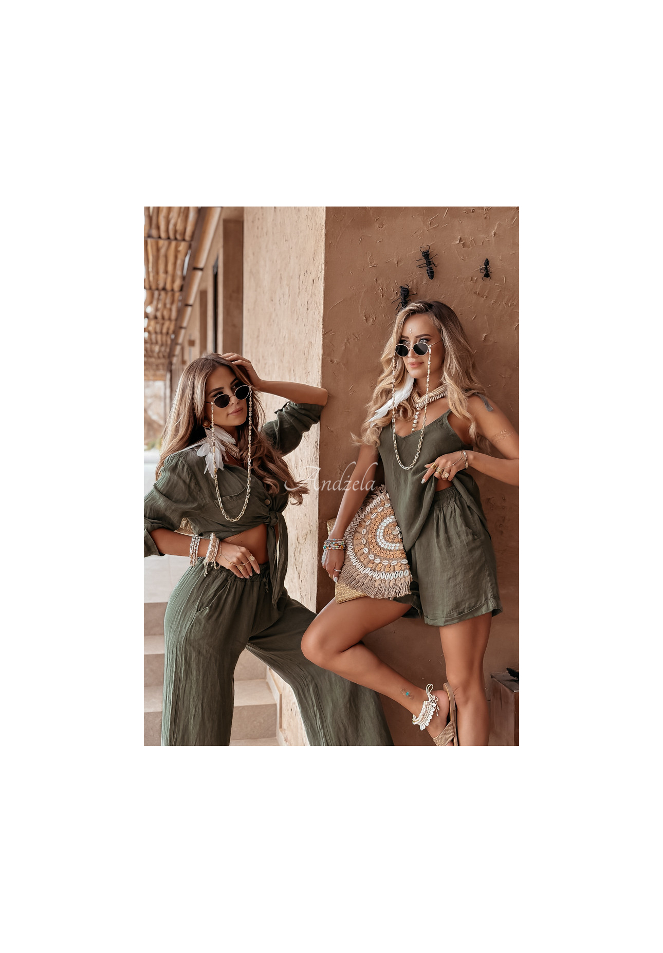Krátká lněná košile s vázáním Summery Essentials khaki