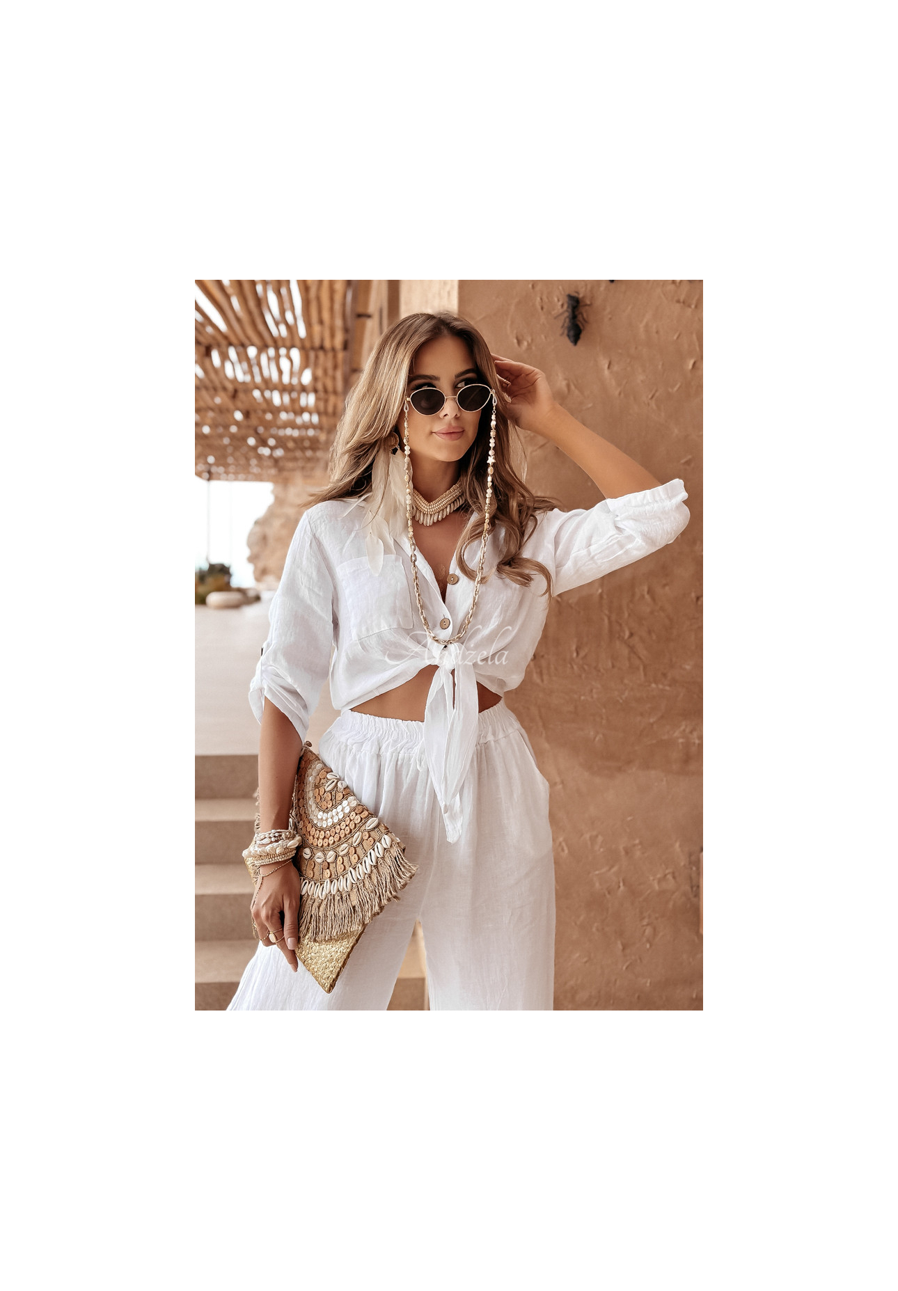 Krátká lněná košile s vázáním Summery Essentials ecru