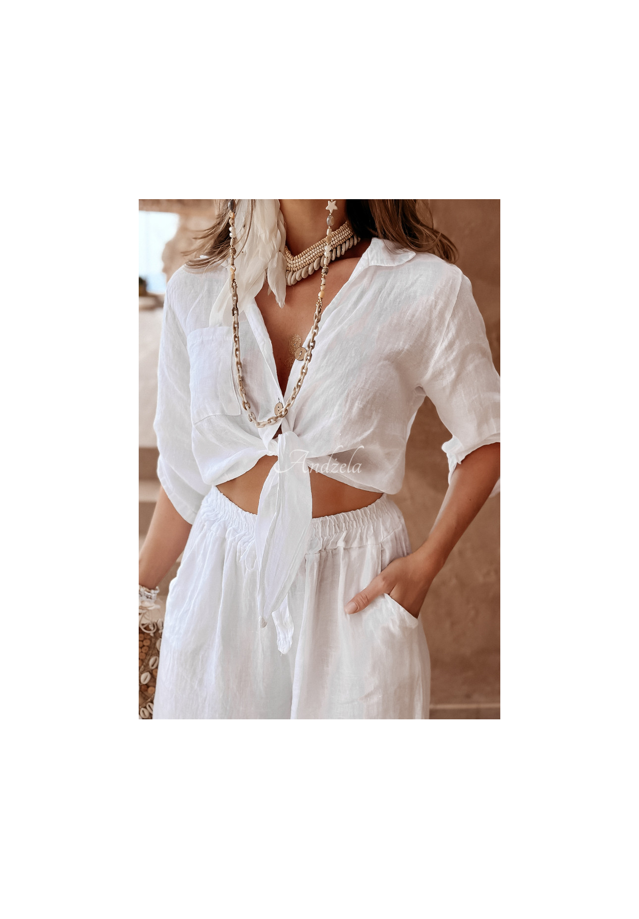 Krátká lněná košile s vázáním Summery Essentials ecru