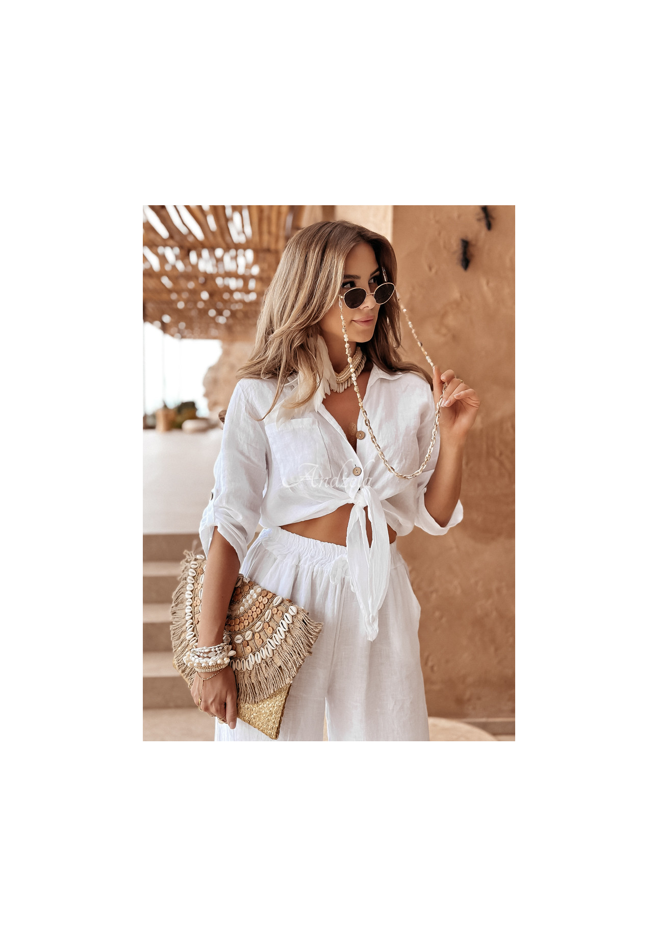 Krátká lněná košile s vázáním Summery Essentials ecru