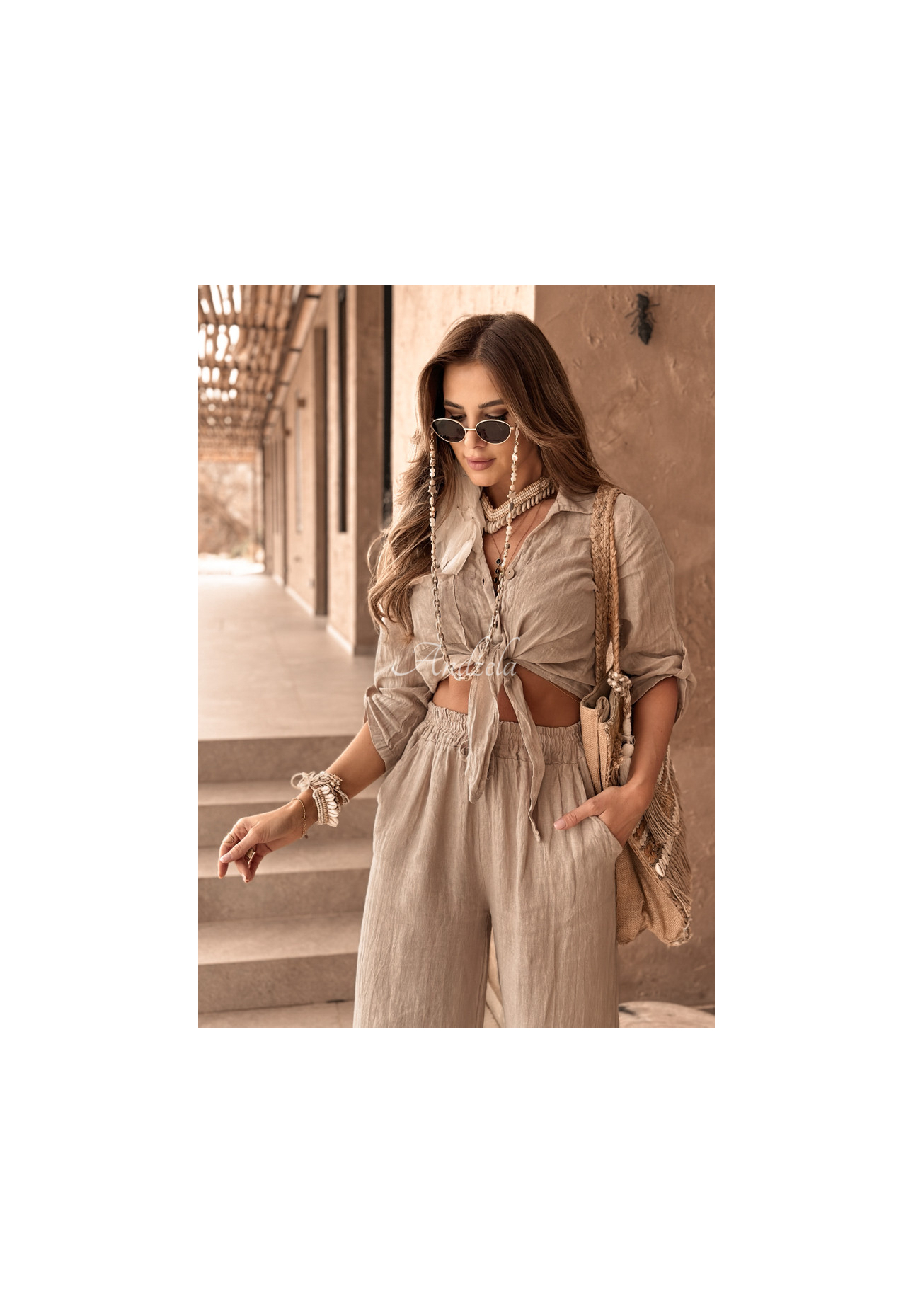 Krátká lněná košile s vázáním Summery Essentials béžová