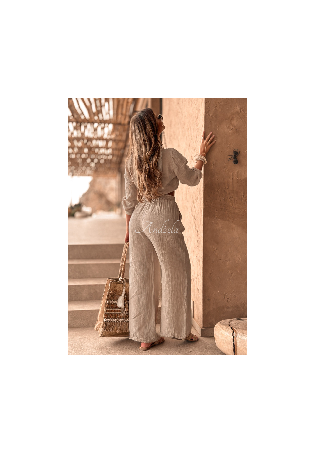 Krátká lněná košile s vázáním Summery Essentials béžová