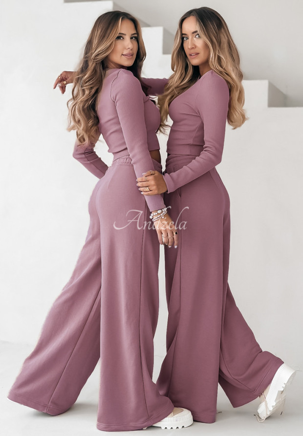 Žebrovan&aacute; souprava halenka a kalhoty wide leg Don&rsquo;t Stop Starorůžov&aacute;