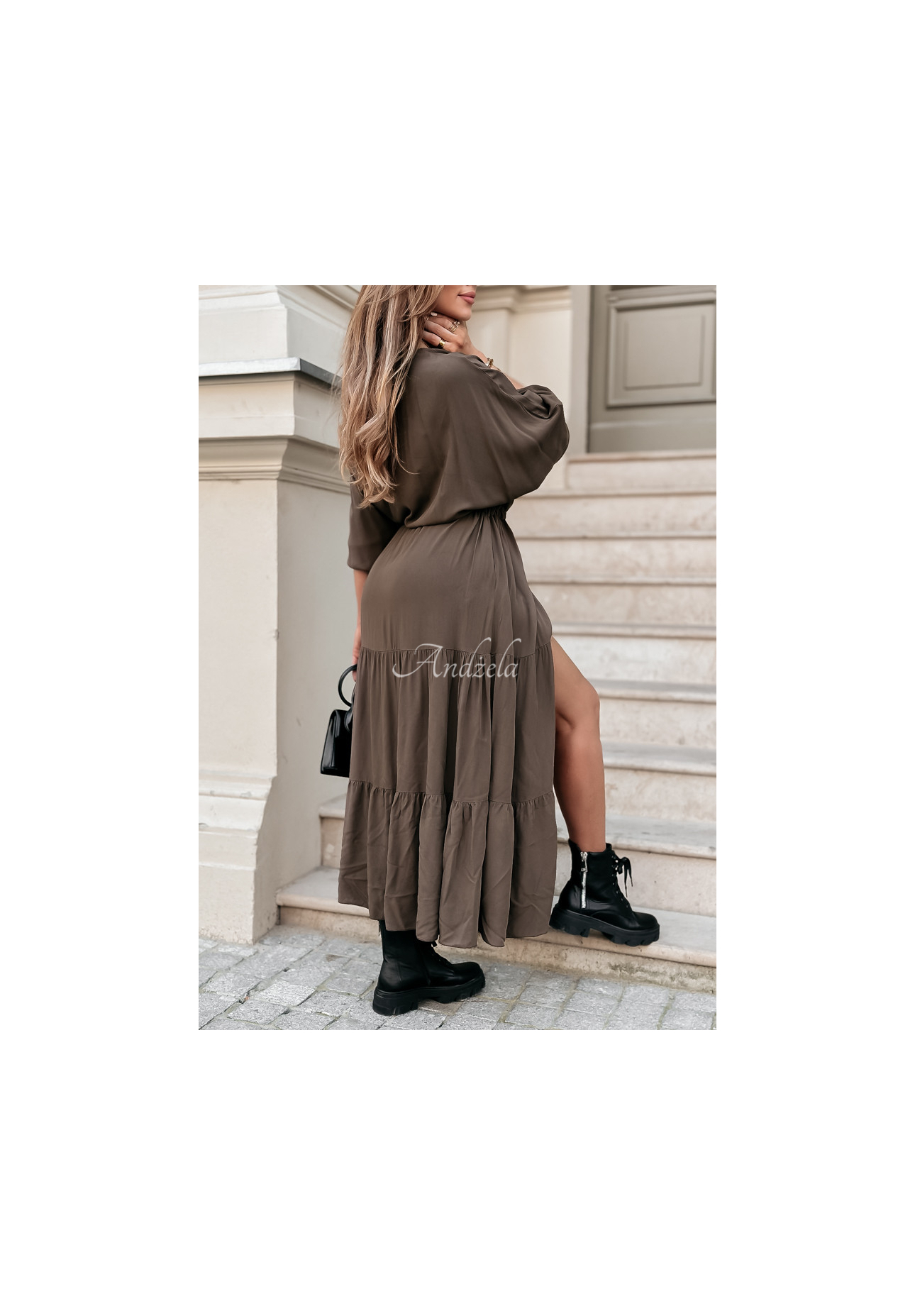 Viskózové maxi šaty s volánky Colletta hnědá