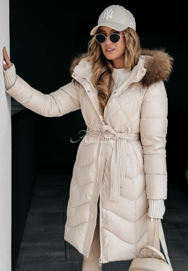 Dlouh&aacute; pro&scaron;&iacute;van&aacute; bunda s kož&iacute;&scaron;kem Hello Cold Days b&eacute;žov&aacute;