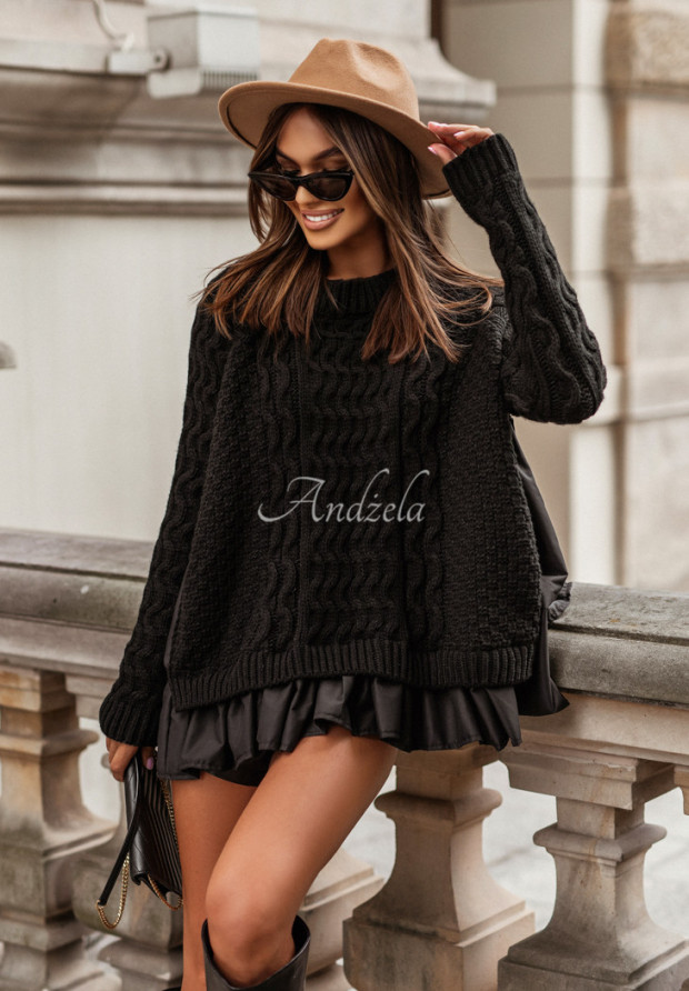 Ozdobně pleten&yacute; svetr s vol&aacute;nky Cocomore Timeless Beauty Čern&eacute;