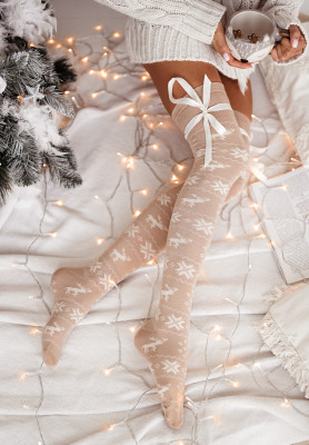 Vánoční nadkolenky s mašlemi White Christmas béžové