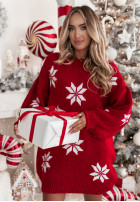 Dlouhý świąteczny Svetr w śnieżynki Christmas Magic červený