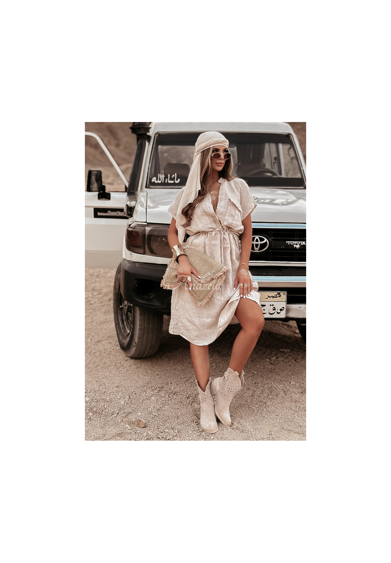 Lněné šaty s kapsami Take A Trip béžová